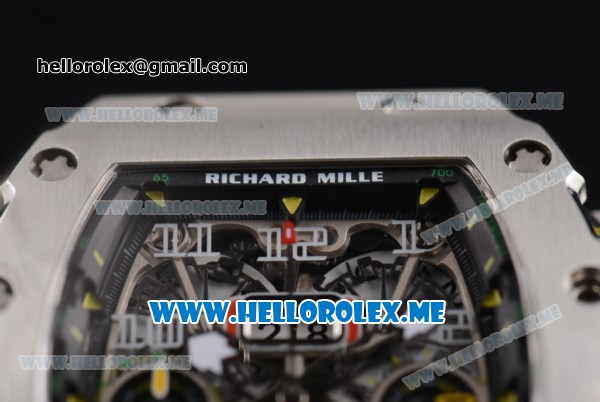 Richard Mille RM 011 Felipe Massa Flyback Swiss Valjoux 7750 Automatic Steel Case with Skeleton Dial and Yellow Leather Strap Yellow Markers - Click Image to Close